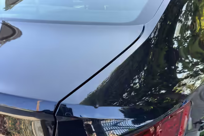 Black VW Jetta trunk and rear quarter panel reflecting trees after a wash